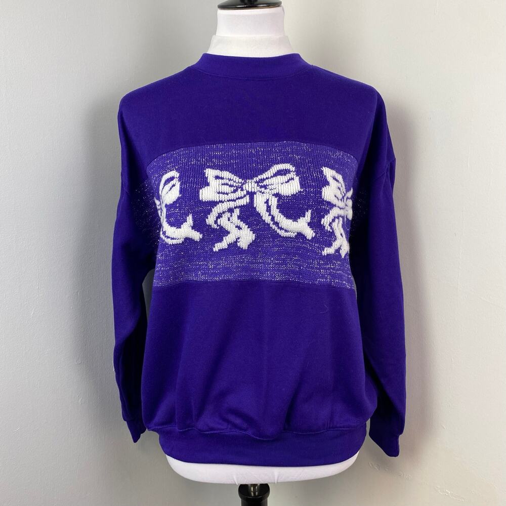 Vintage Pebble Court Purple Christmas Bow Mock Turtleneck Sweatshirt Large